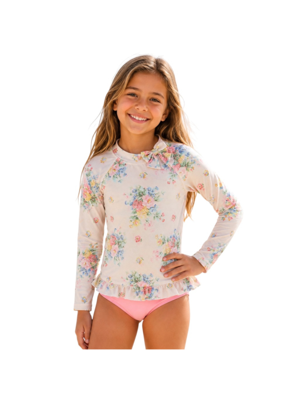 Janie and Jack Girls Floral Long Sleeve Rash Guard Swim Top with Bow Collar Size